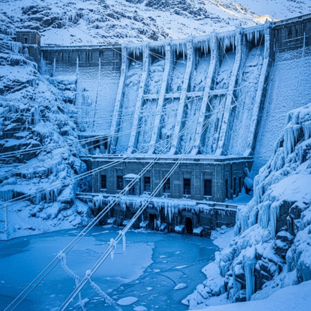 Hydroelectric power station in winter with ice and icicles.の素材