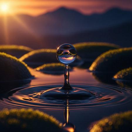 Water drop on green grass and sunset background. 3d rendering.の素材