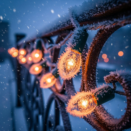 Christmas lights on a fence in the snow. Beautiful winter background.の素材