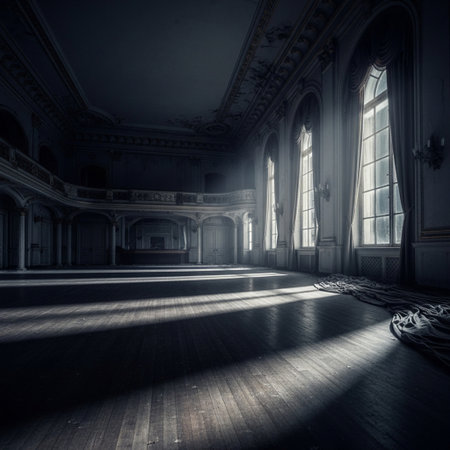 interior of an old mansion with a light beam from the windowの素材