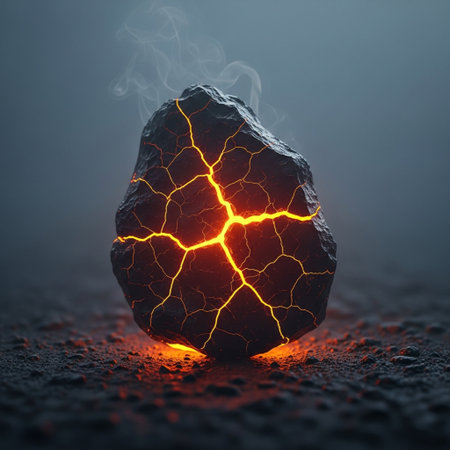 3d rendering of cracked stone with lightning and smoke on dark backgroundの素材