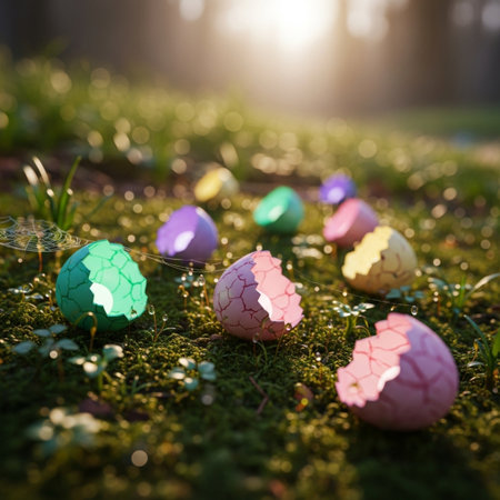 Colorful easter eggs on green grass with bokeh backgroundの素材