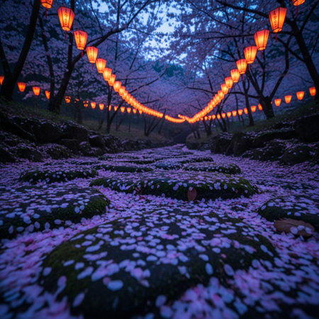 Lanterns with cherry blossom petals in the gardenの素材