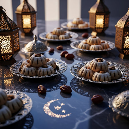 Traditional Ramadan Kareem background with dates and lanterns. Selective focus.の素材