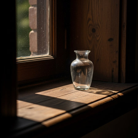 Vintage glass vase on a wooden window sill in the sunlightの素材