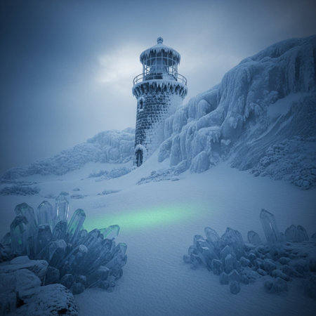 Fantasy landscape with a lighthouse in the snow. 3d renderingの素材