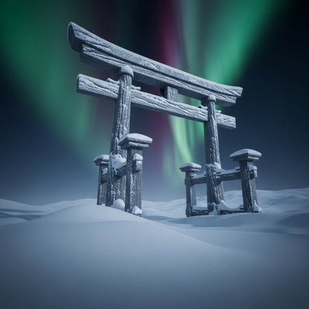 Aurora borealis in winter landscape with wooden torii gateの素材