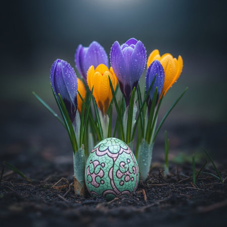 Easter egg with crocuses on the background of spring flowersの素材