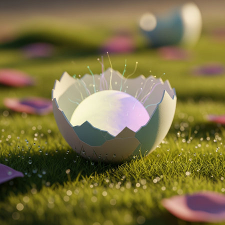 Broken egg on green grass with drops of water. 3D illustration.の素材