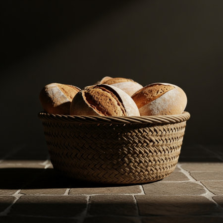 Bread in a wicker basket on a dark background. Bakery products.の素材