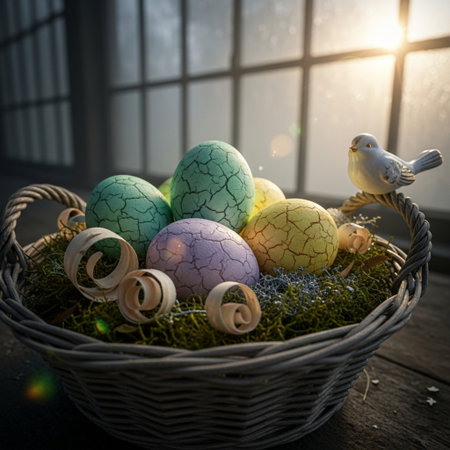 Colorful easter eggs in a basket with birds in the backgroundの素材