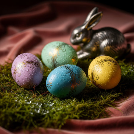 Colorful easter eggs and bunny on green moss, selective focusの素材