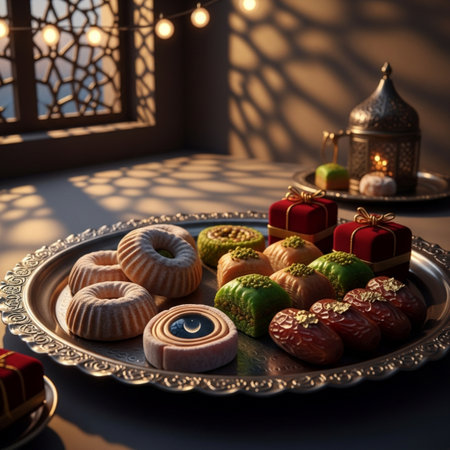 Traditional oriental sweets on a tray. Ramadan Kareem background.の素材