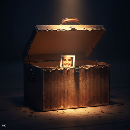 Open treasure chest on wooden floor with light coming through the hole.の素材
