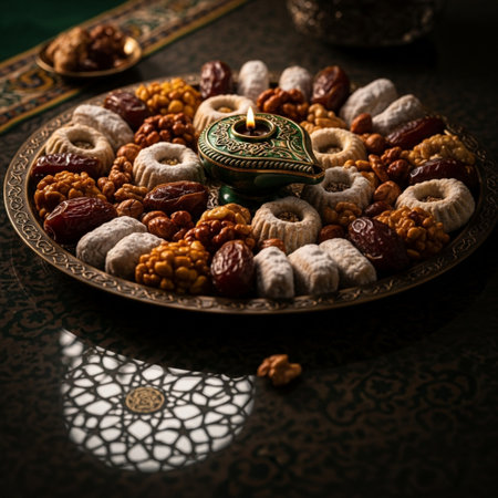 Traditional oriental sweets on a dark background. Selective focus.の素材