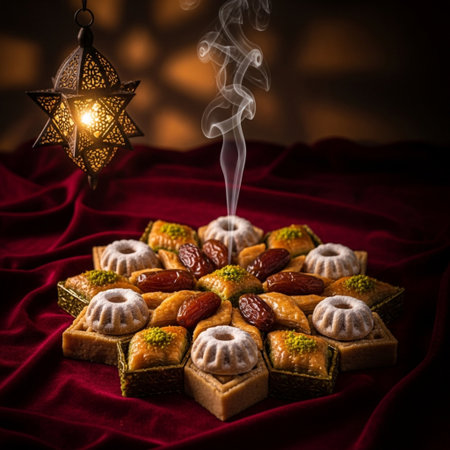 Traditional eastern sweets on a dark background. Ramadan Kareem concept.の素材