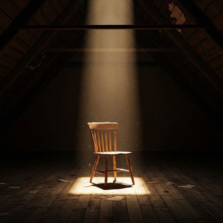 Wooden chair in the attic of a building illuminated by a spotlightの素材