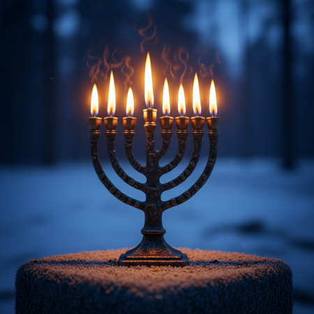 Religion image of jewish holiday Hanukkah background with menorah (traditional candelabra) and burning candlesの素材