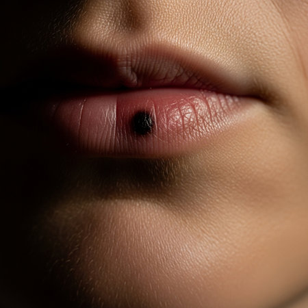 Close up of a woman's lips with a small black beetle.の素材