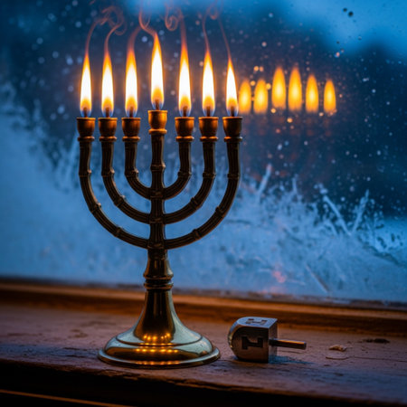 Image of jewish holiday Hanukkah background with menorah (traditional candelabra) and burning candlesの素材