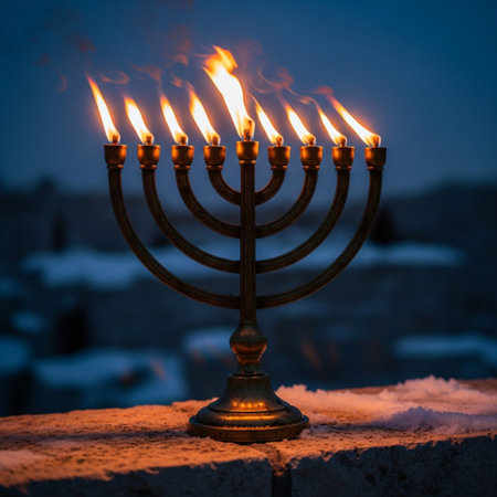 Menorah with burning candles on the background of the night city.の素材