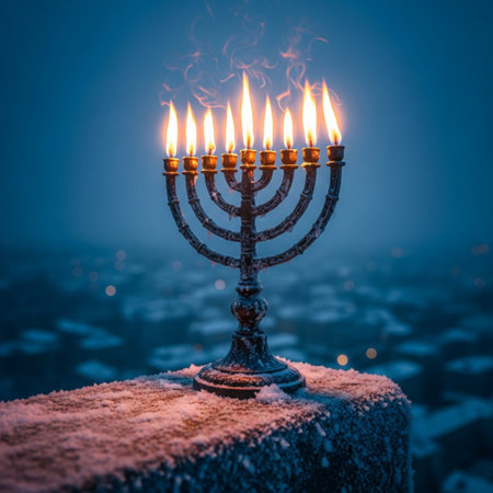 Hanukkah menorah (traditional candelabra) with burning candles in the night.の素材
