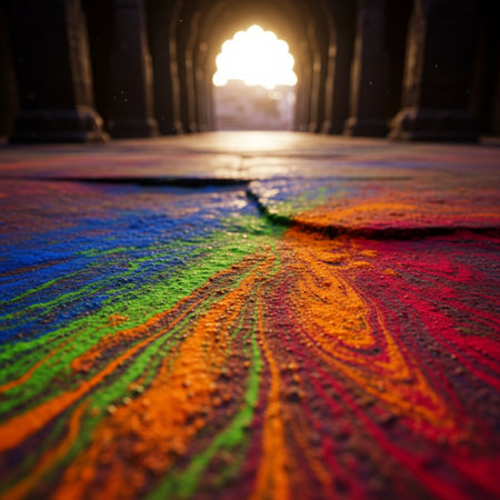 Colorful holi paint on the ground in a temple in Indiaの素材