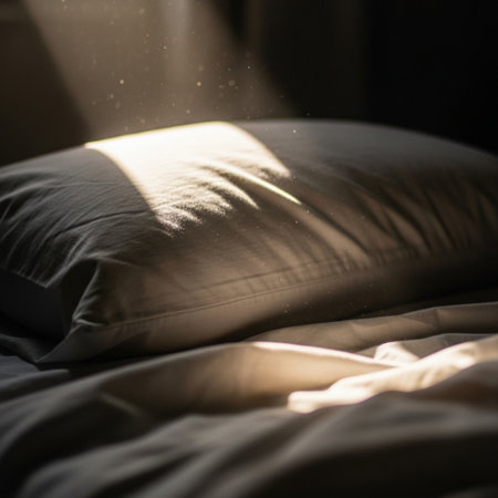 Close-up of white pillows on a bed in the morningの素材