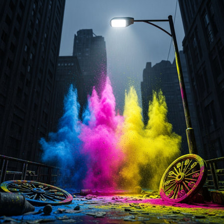 Colorful holi powder splashing on the road, New York Cityの素材