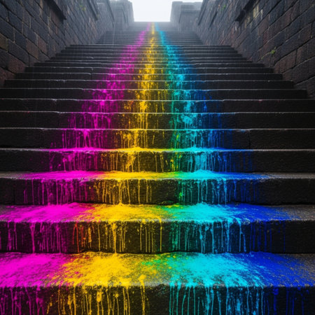 Rainbow color on the stairs of the old castle in China.の素材