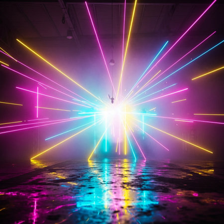 Colorful laser show in dark room. Laser rays make their way through the darkness.の素材