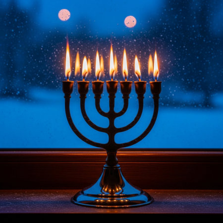 Jewish holiday Hanukkah with menorah and candles on the background of the windowの素材