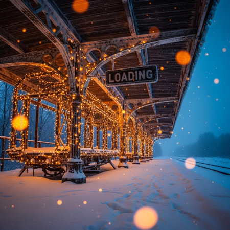 Wooden railway station in winter with snowfall and christmas lightsの素材