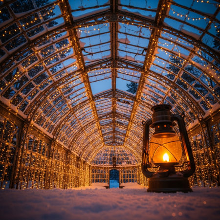 Lantern with burning candle in the old greenhouse in winter.の素材
