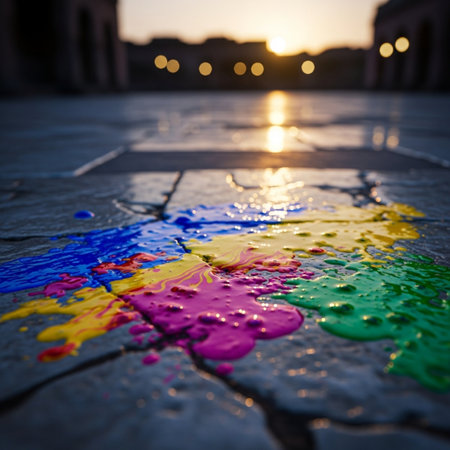Colorful paint splashes on the pavement at sunset. Selective focus.の素材