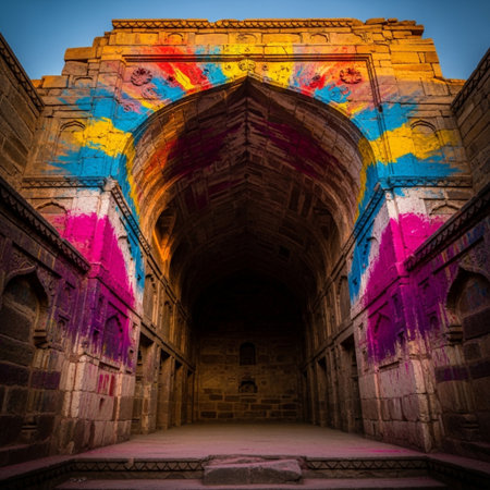 Colored graffiti on the walls of Humayun's Tomb, Delhi, Indiaの素材