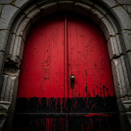 Old wooden door with red paint splashed on it. Halloween theme.の素材