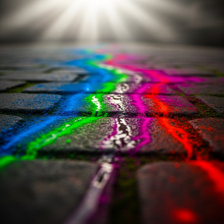 Rainbow paint on the pavement. Abstract background. Selective focusの素材