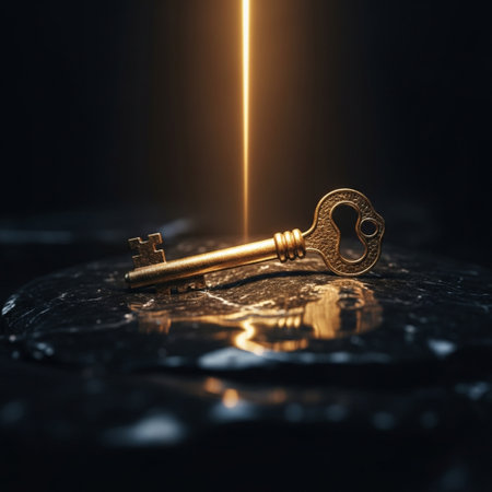 Old golden key on the dark background. Key to success concept.の素材