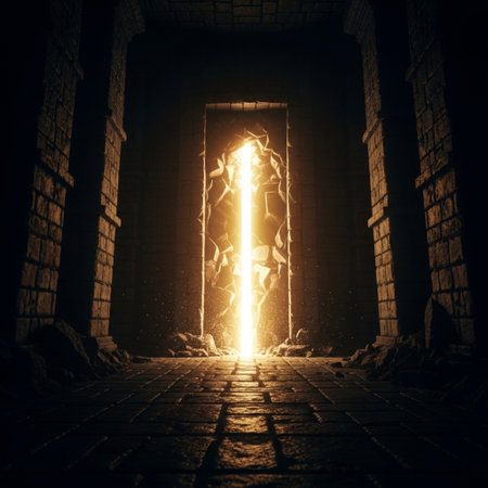 Mysterious and mysterious door with light coming through it. 3D renderingの素材