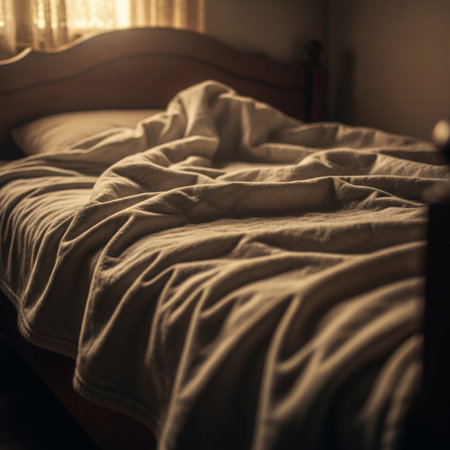 Bed in the morning light, vintage tone. Selective focus.の素材