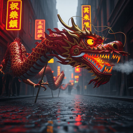 Chinese dragon in a foggy city street, 3d rendering.の素材