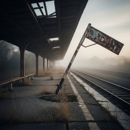 Abandoned railway station in the foggy morning. Long exposureの素材