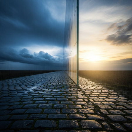 Sunset over a cobblestone road in the Netherlands on a cloudy dayの素材