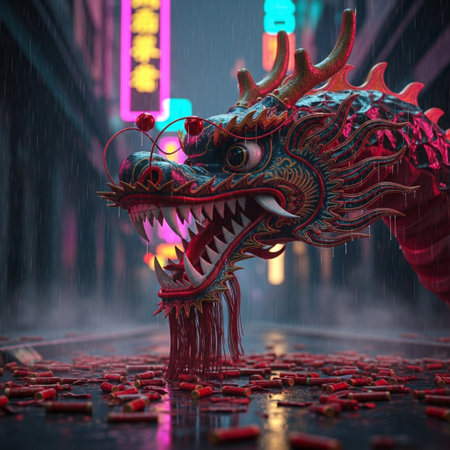 Chinese dragon in the rain. 3D illustration. Chinese New Year concept.の素材