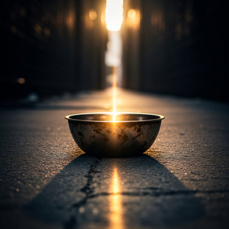 Candle in a bowl on the street in the evening light.の素材
