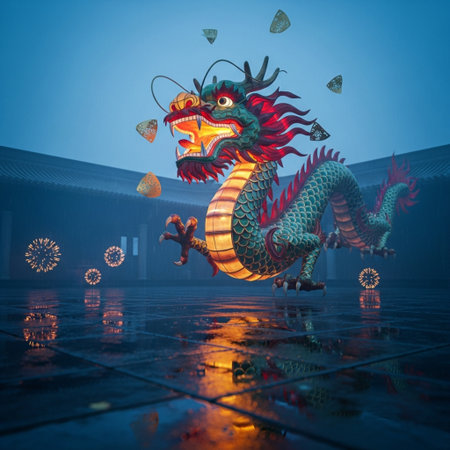 Chinese dragon on the floor with blue sky background,3d renderingの素材