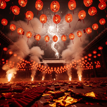 Chinese New Year decoration with red lanterns and firecrackers in the templeの素材