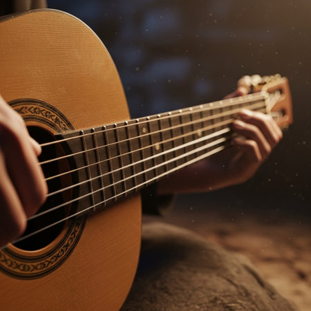 Man playing acoustic guitar on dark background, closeup. Music conceptの素材