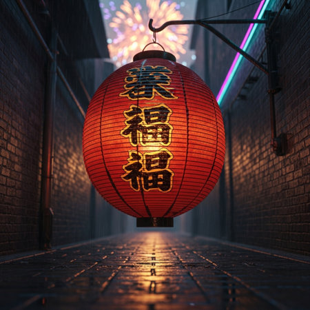 Chinese lanterns in a street at night. 3D rendering.の素材